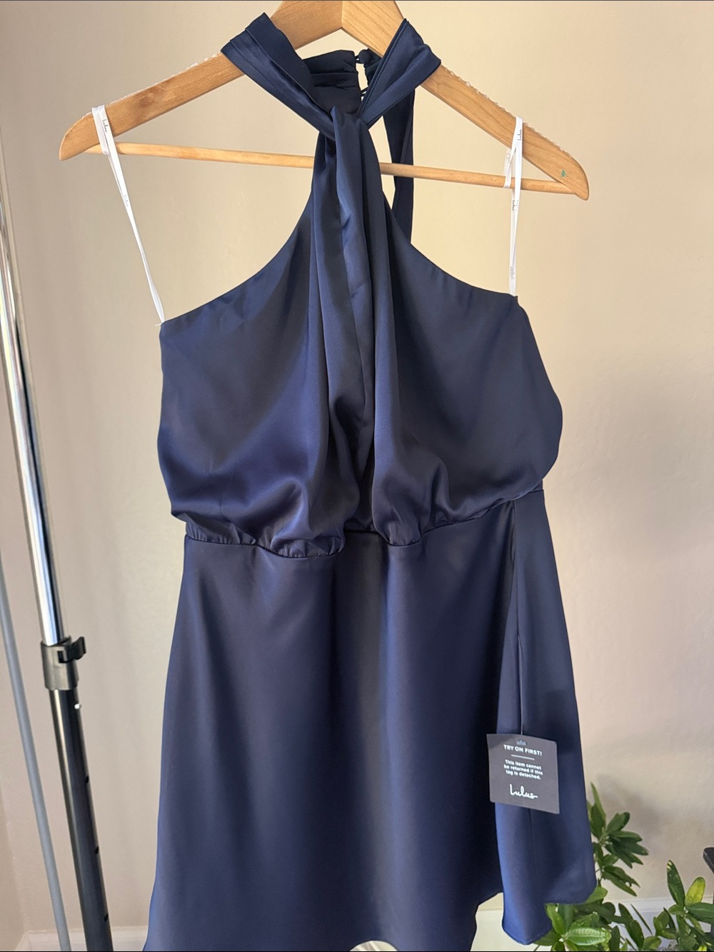 NWT Lulus Sleek Essence Navy Blue Satin Halter Mini Dress Size M - Picture 6 of 7